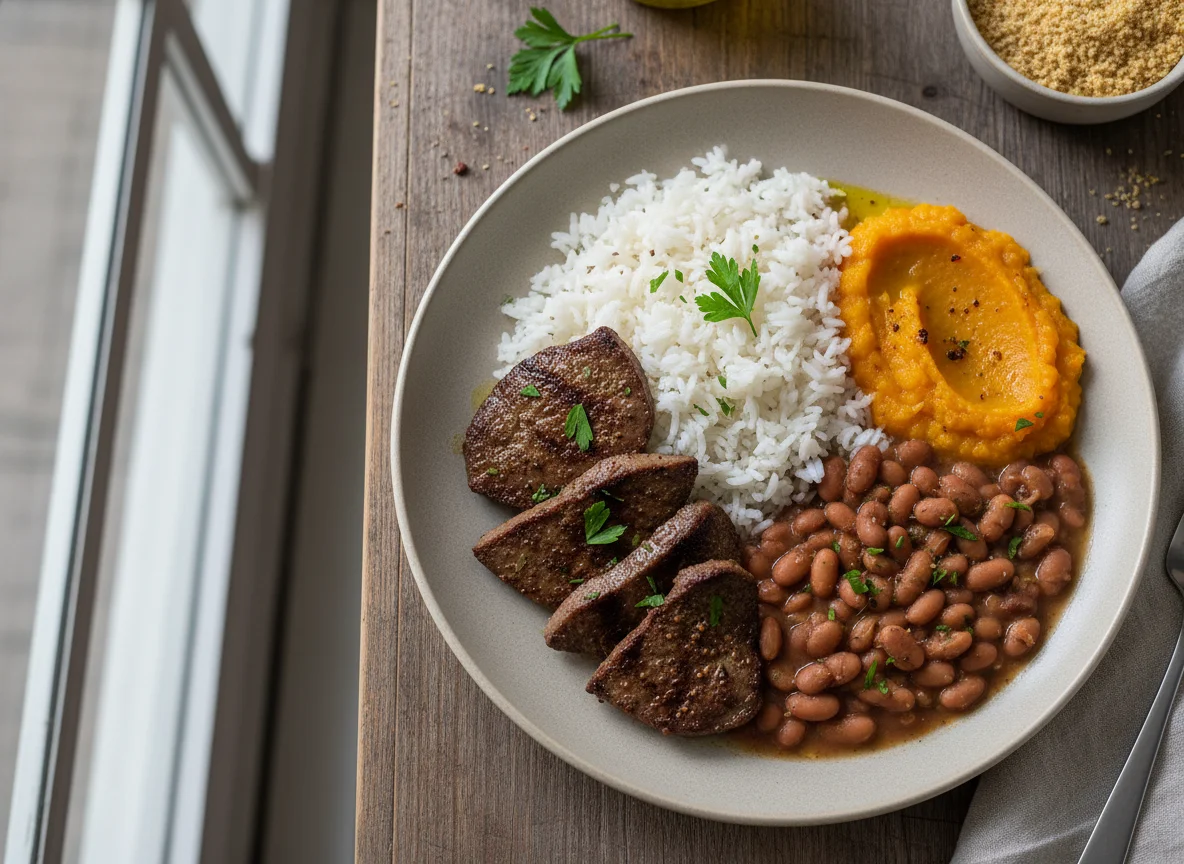 Prato com fígado, arroz, feijão e abóbora photo