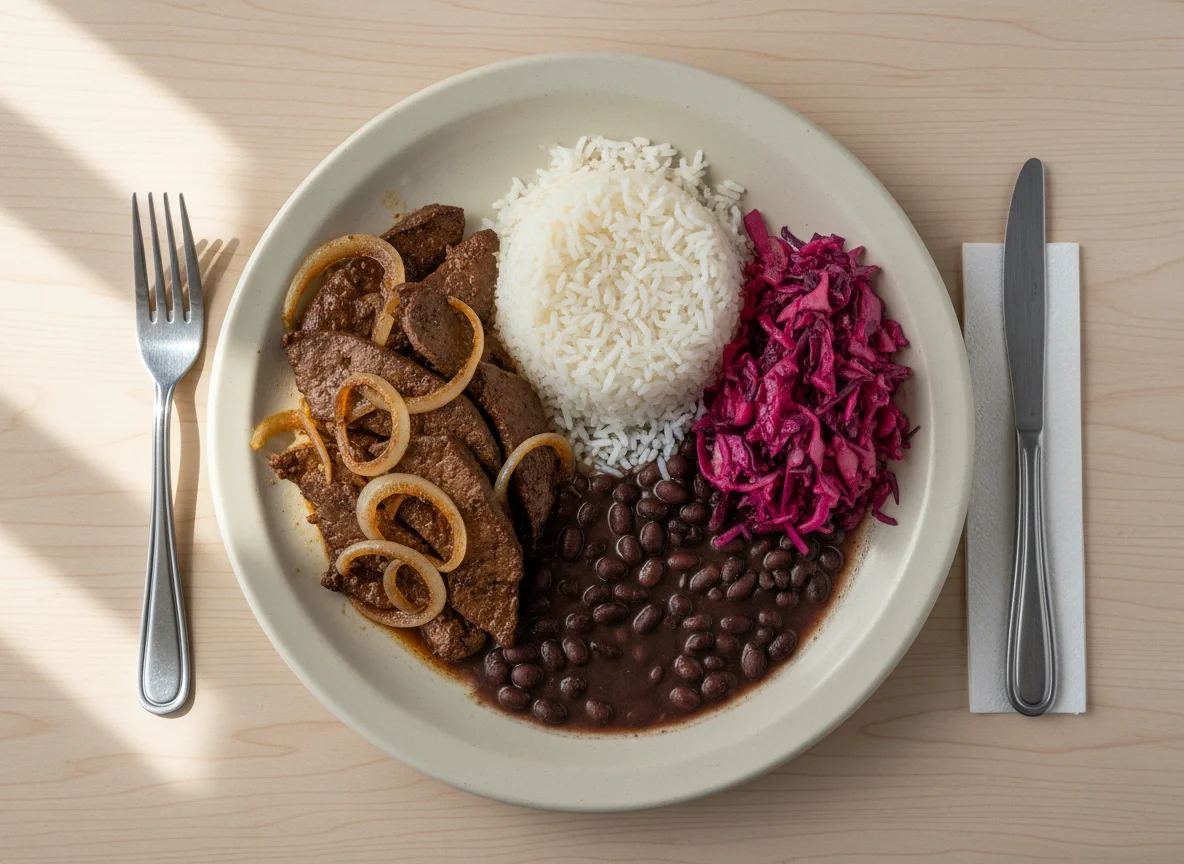 Prato com fígado, arroz, feijão e repolho roxo photo