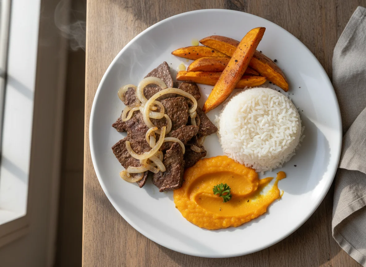 Prato com fígado, arroz, purê de abóbora e batata doce photo