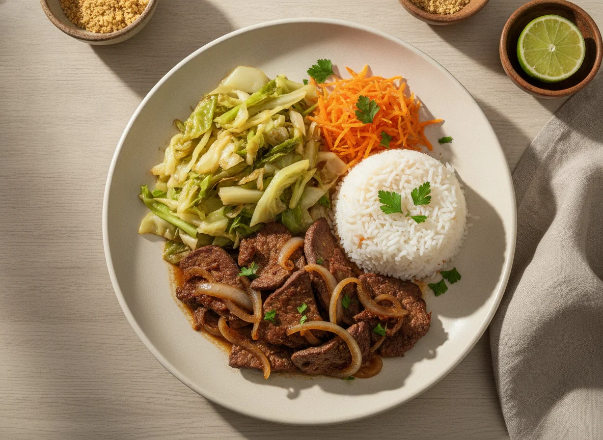 Prato com fígado, repolho e arroz photo