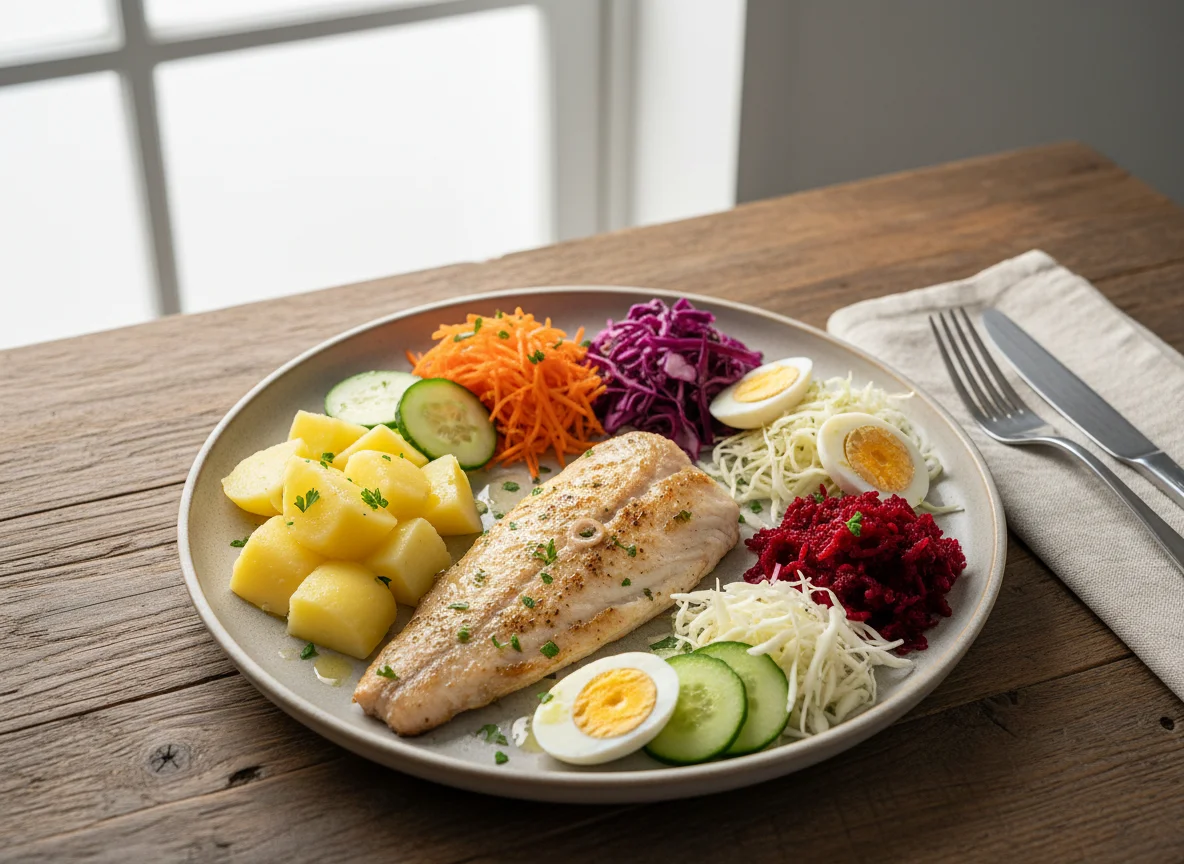 Prato com filé de peixe grelhado e salada photo