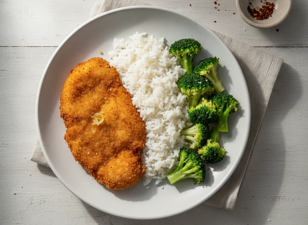 Prato com frango à milanesa, arroz e brócolis photo