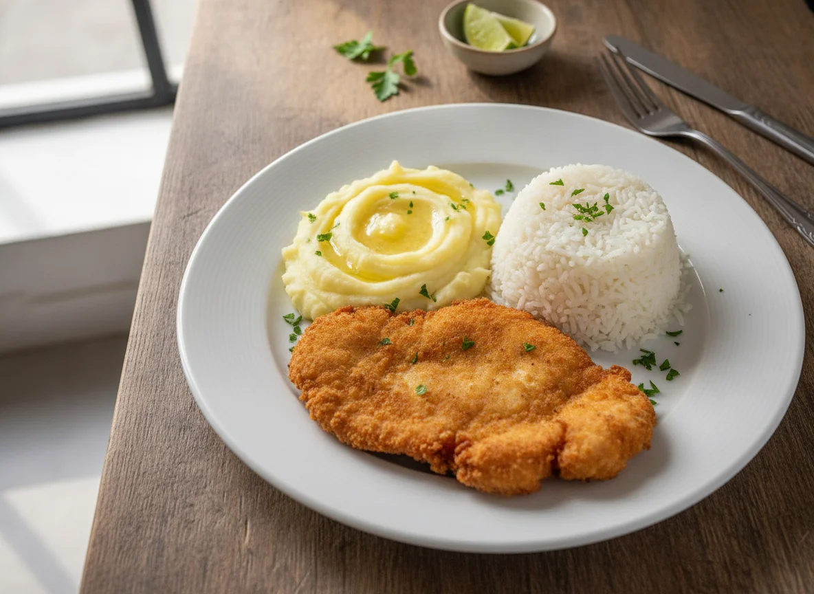 Prato com frango à milanesa, arroz e purê de batata photo