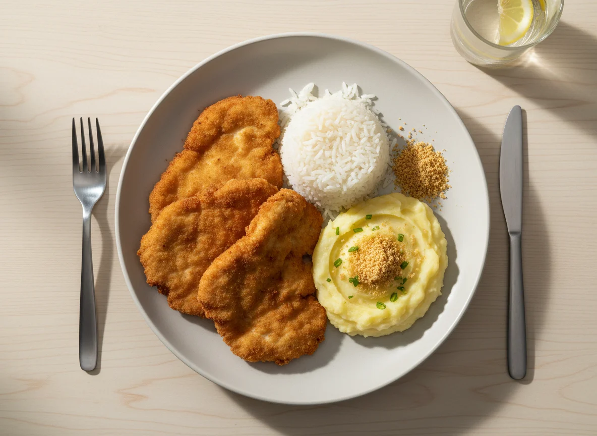 Prato com frango à milanesa, arroz e purê photo