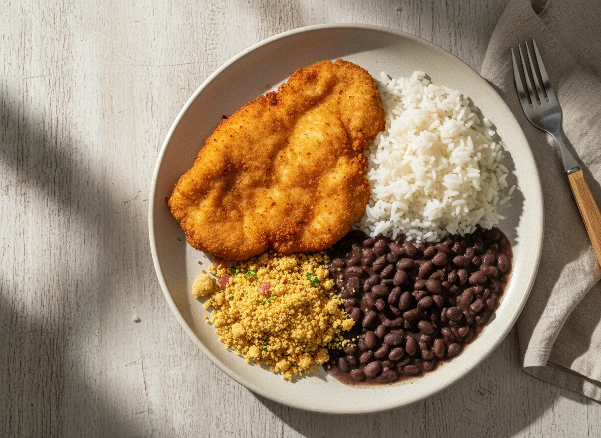 Prato com frango à milanesa, arroz, feijão e farofa photo