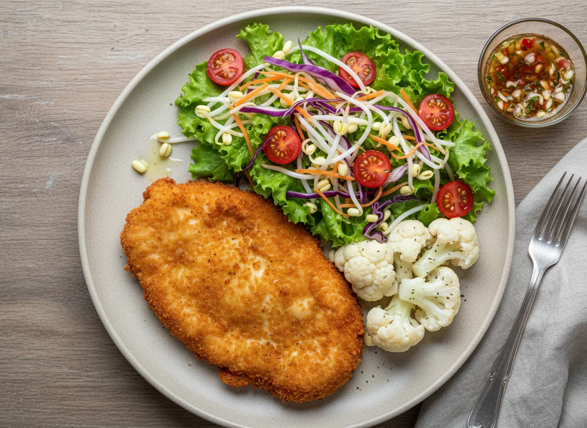 Prato com frango à milanesa, couve-flor e salada photo