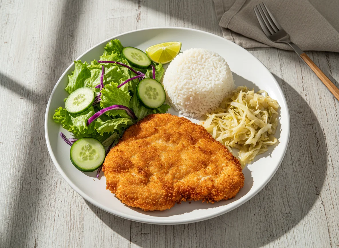 Prato com frango à milanesa e salada photo
