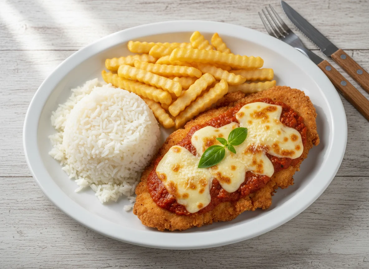 Prato com frango à parmegiana, arroz e batata frita photo