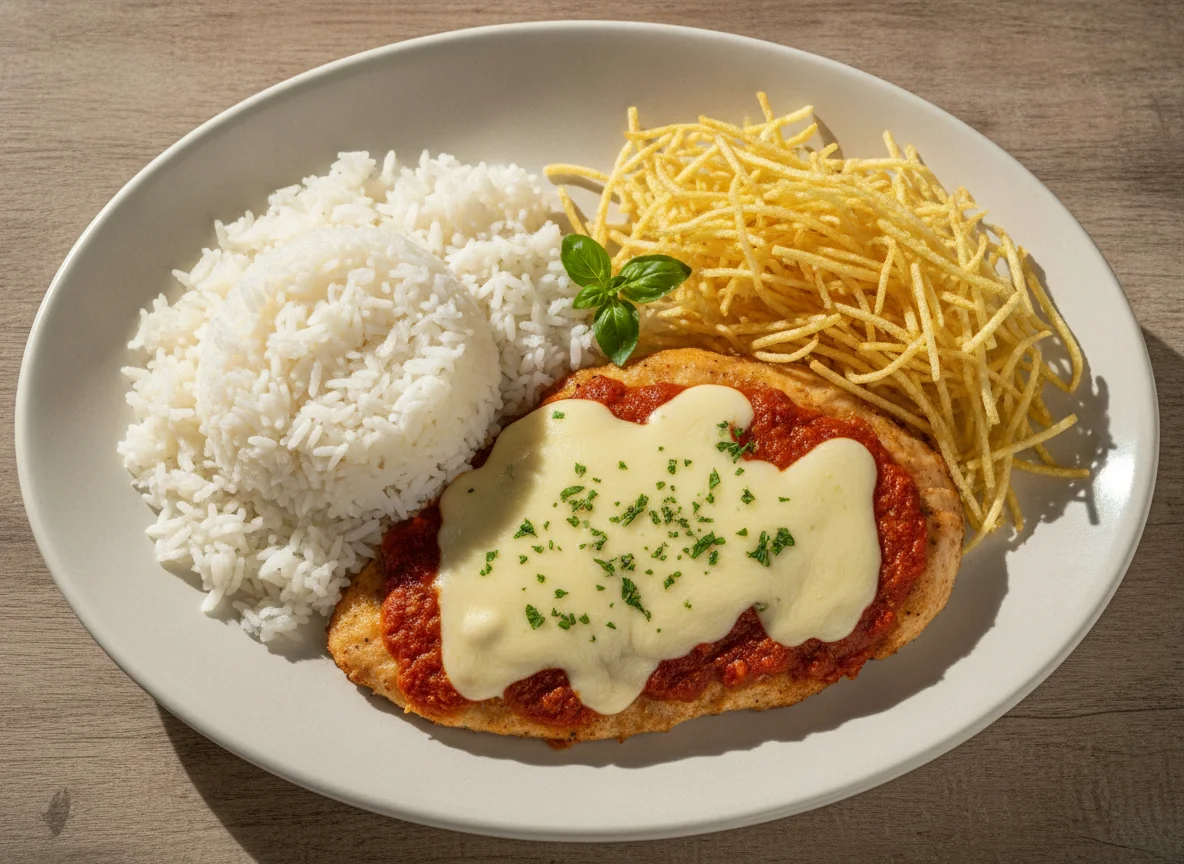 Prato com frango à parmegiana, arroz e batata palha photo