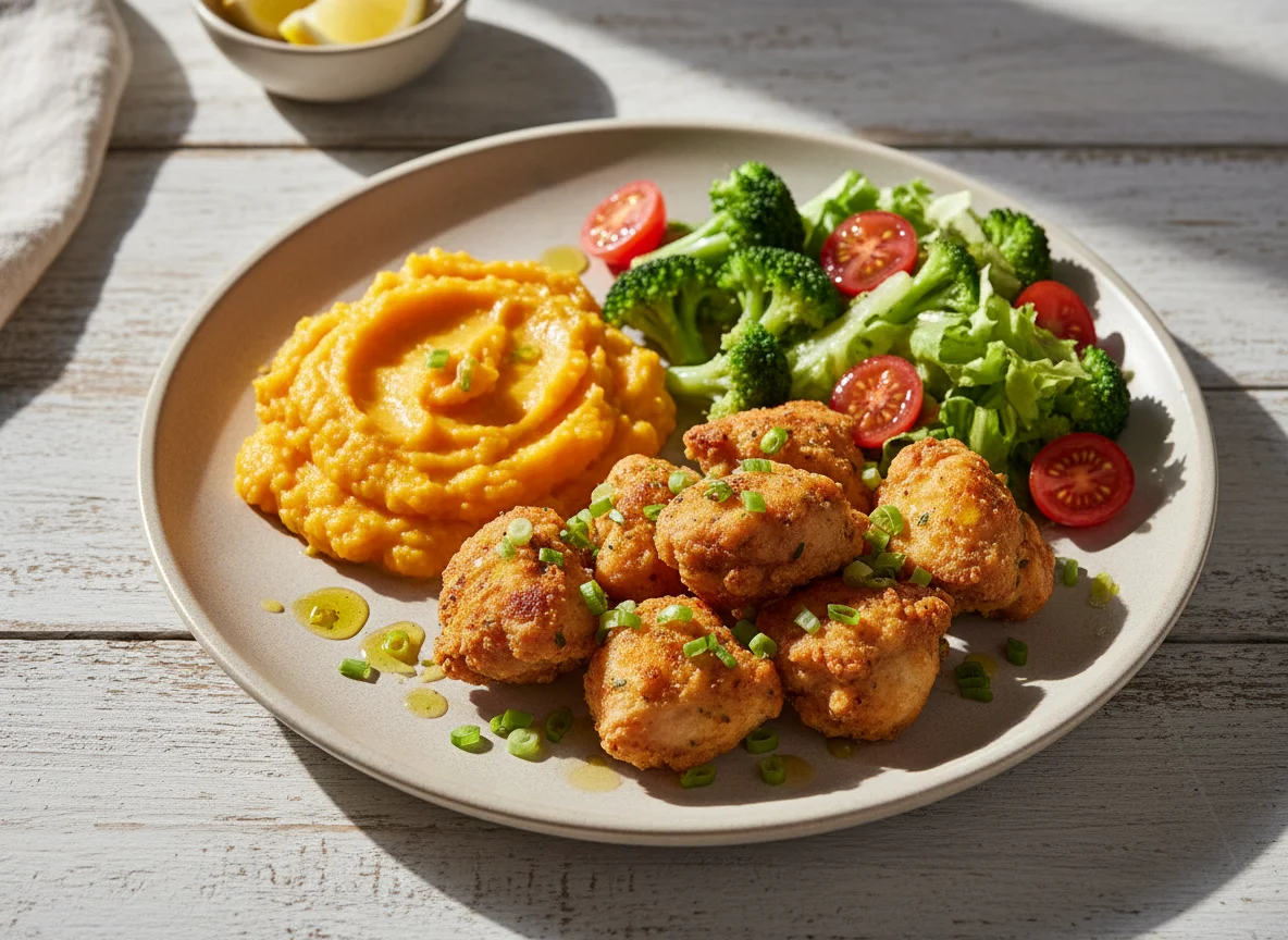 Prato com Frango à Passarinho, Purê de Abóbora, Brócolis e Salada photo