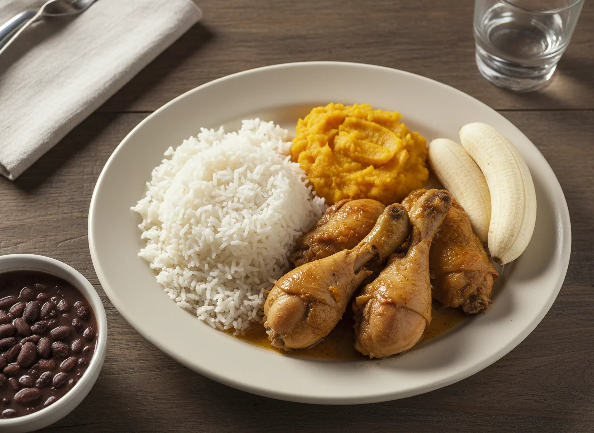 Prato com frango, abóbora, arroz, feijão e banana photo