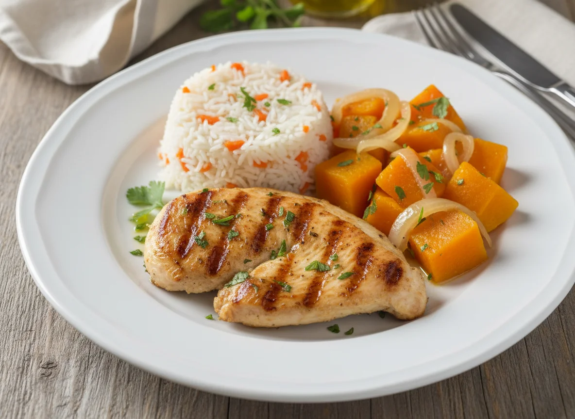 Prato com frango, abóbora e arroz photo