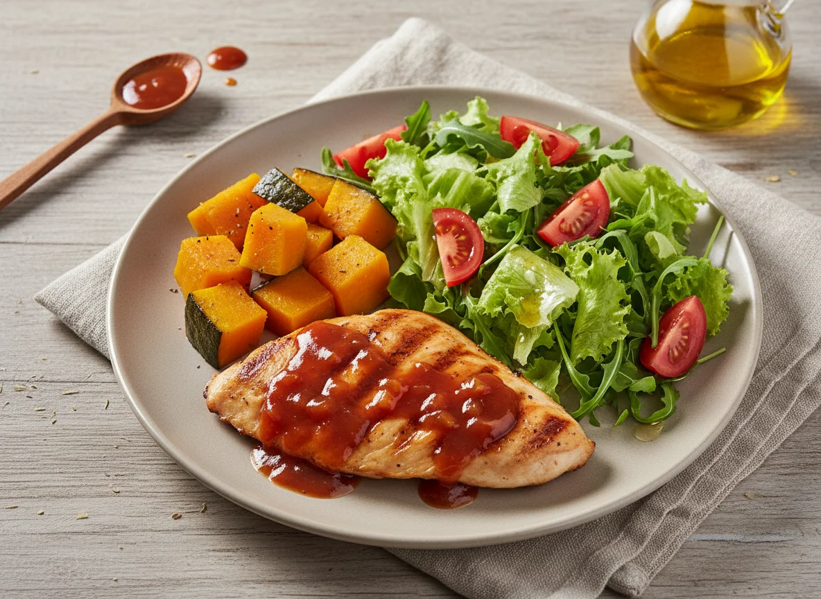 Prato com frango, abóbora e salada photo