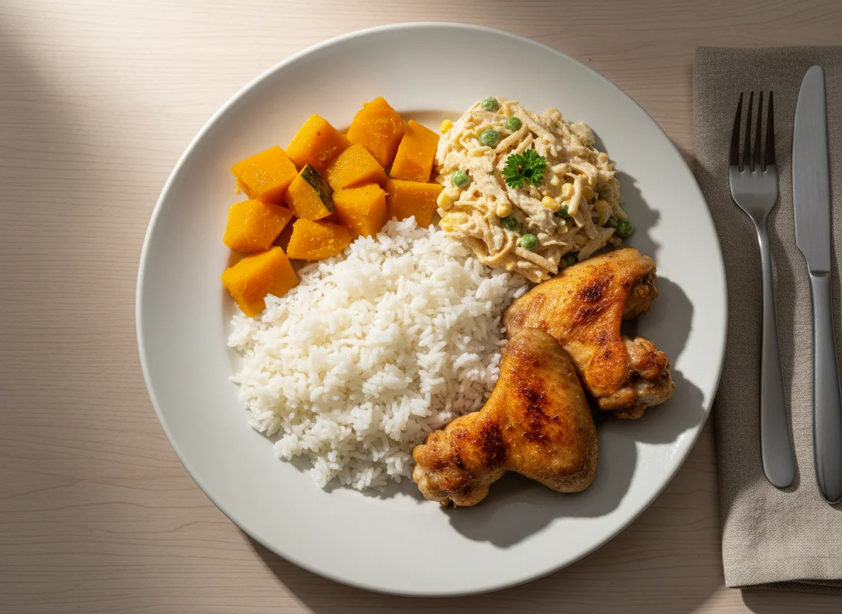 Prato com frango, abóbora, salpicão e arroz photo