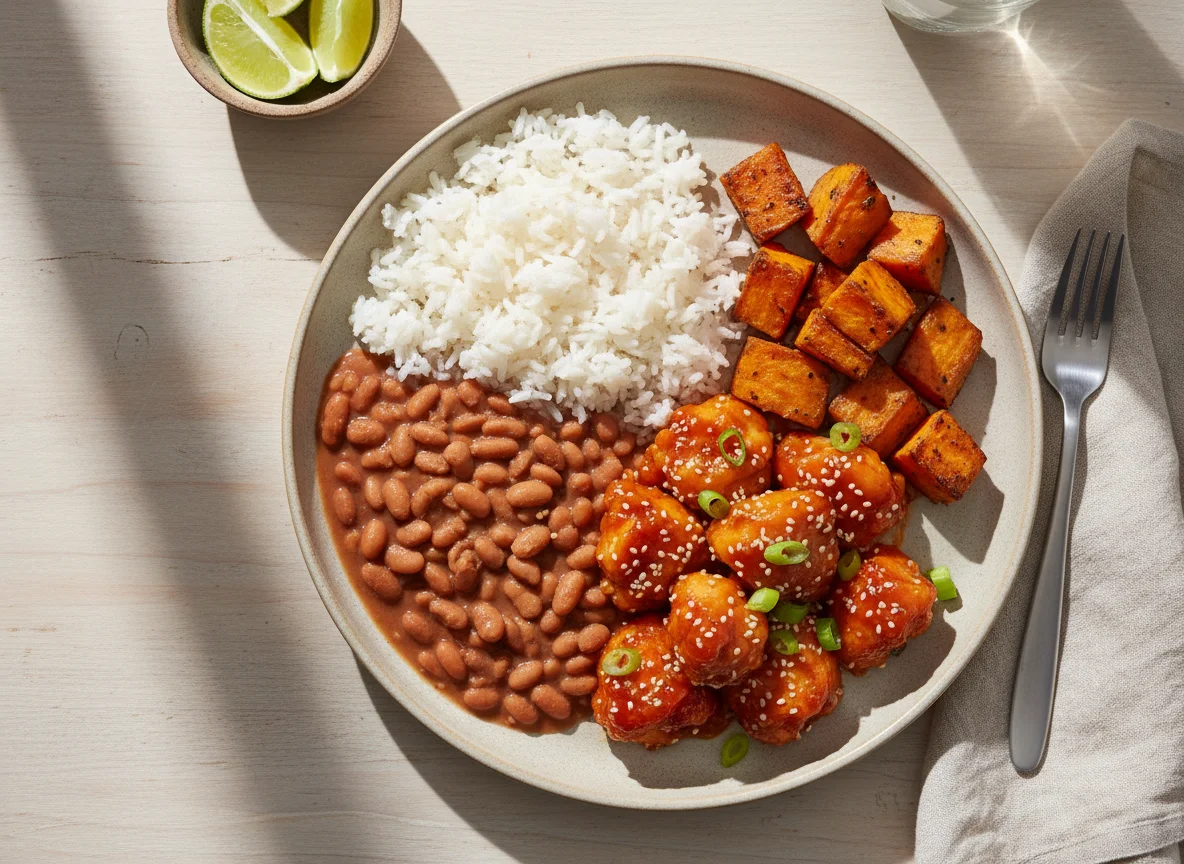 Prato com frango agridoce, arroz, feijão e batata doce photo