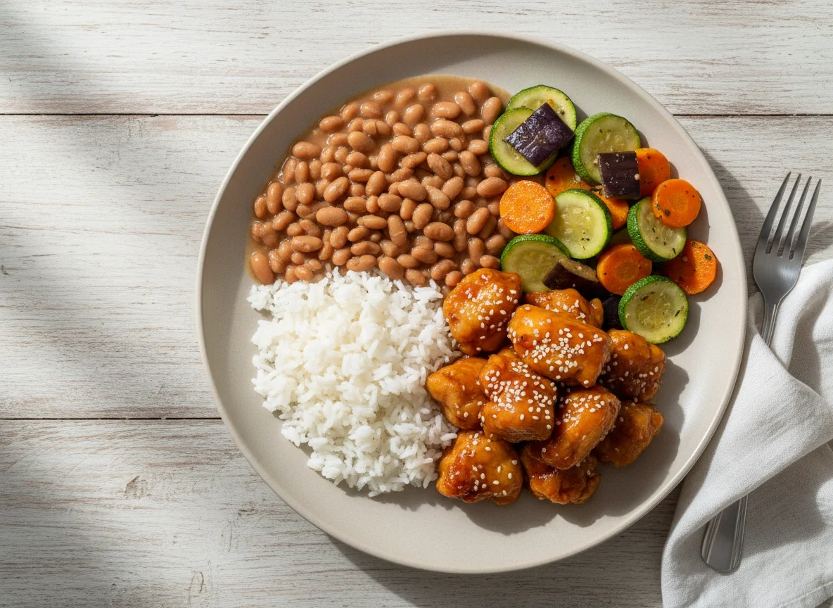 Prato com frango agridoce, arroz, feijão e legumes photo