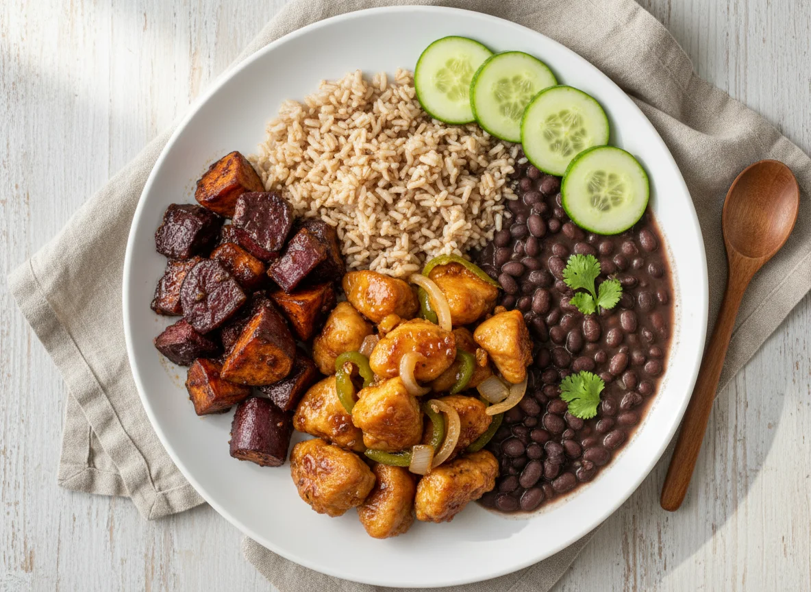 Prato com frango agridoce, batata doce e feijão photo