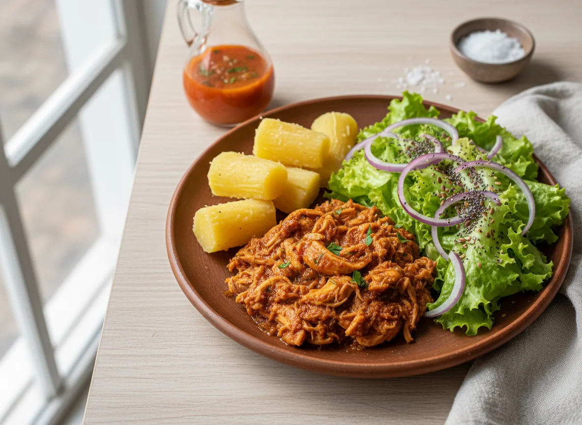Prato com frango, aipim e salada photo