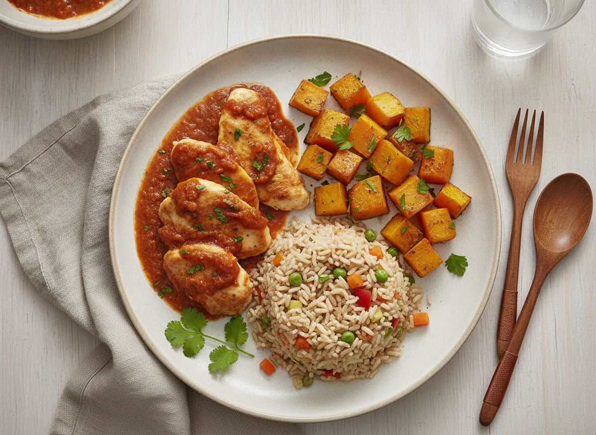 Prato com frango ao molho, abóbora assada e arroz photo