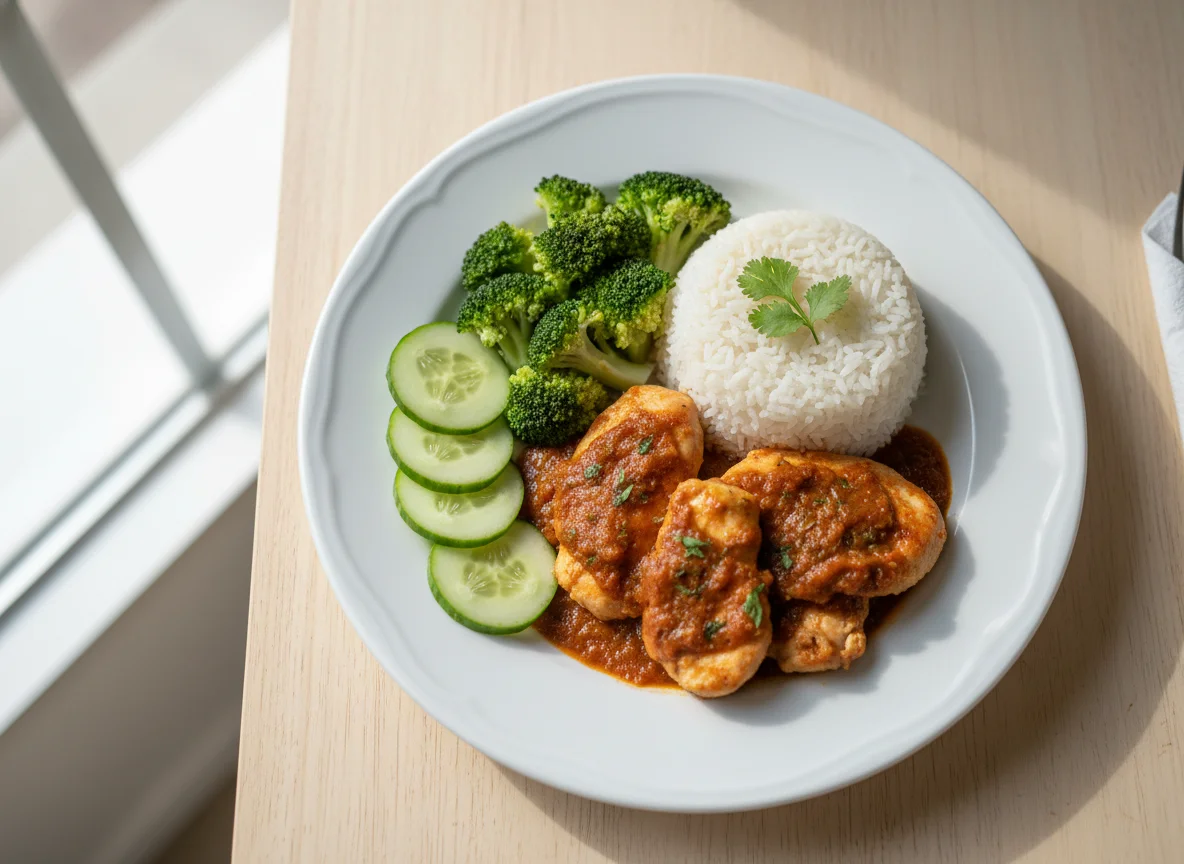 Prato com frango ao molho, arroz, brócolis e pepino photo