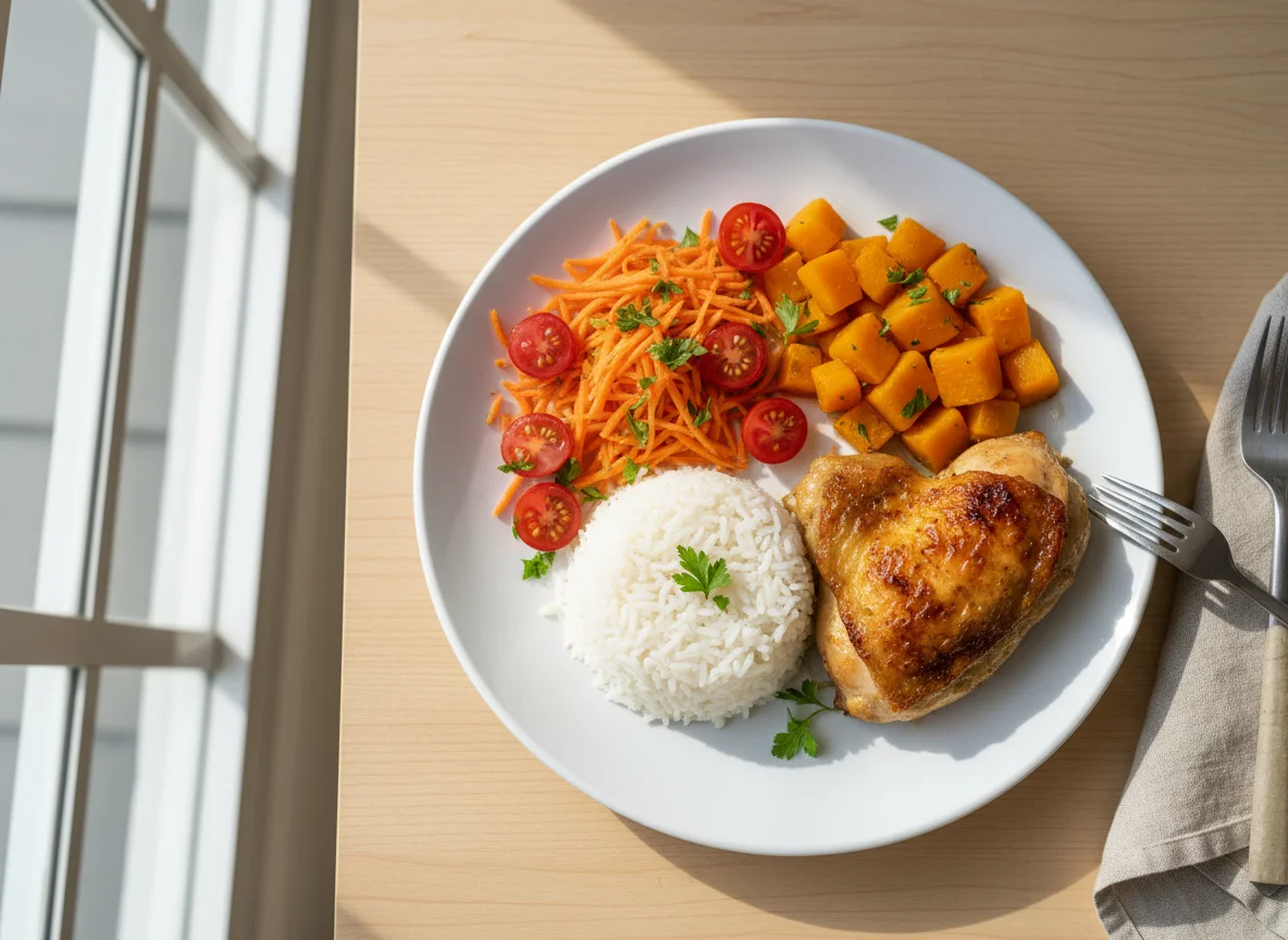 Prato com frango, arroz, abóbora e salada photo