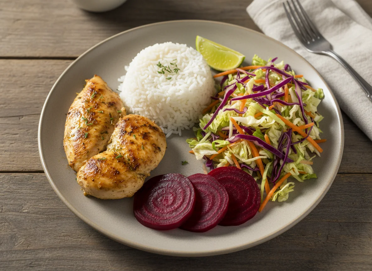 Prato com frango, arroz, beterraba e salada de repolho e cenoura photo