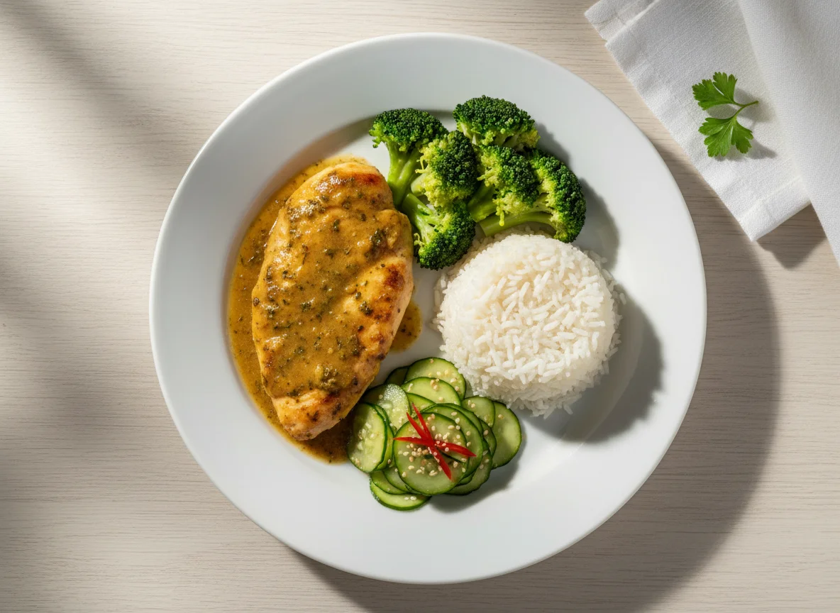 Prato com frango, arroz, brócolis e sunomono photo