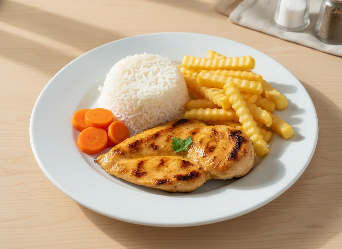 Prato com frango, arroz e batata frita photo