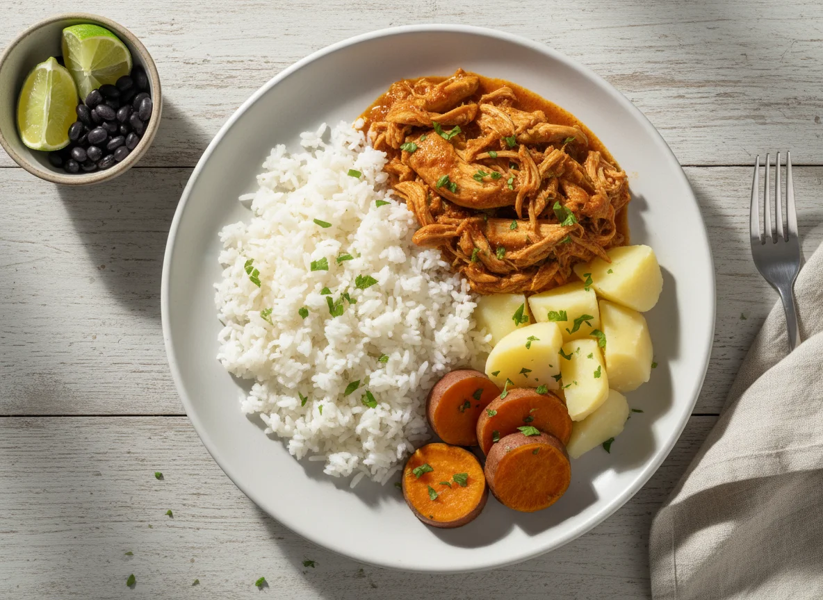 Prato com frango, arroz e batatas photo