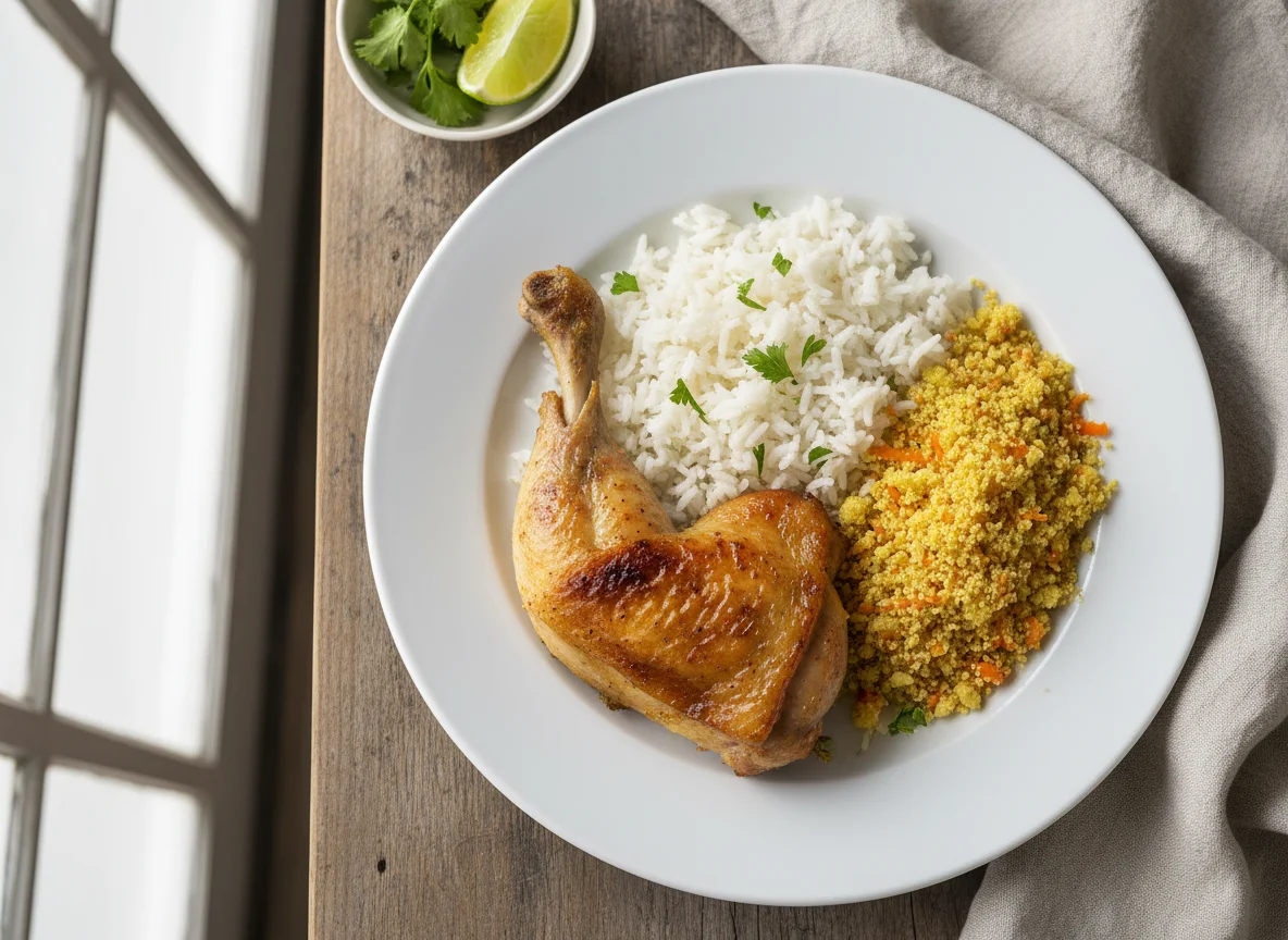Prato com frango, arroz e farofa photo
