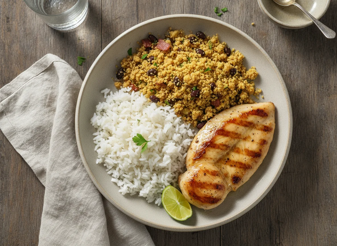 Prato com frango, arroz e farofa de feijão photo