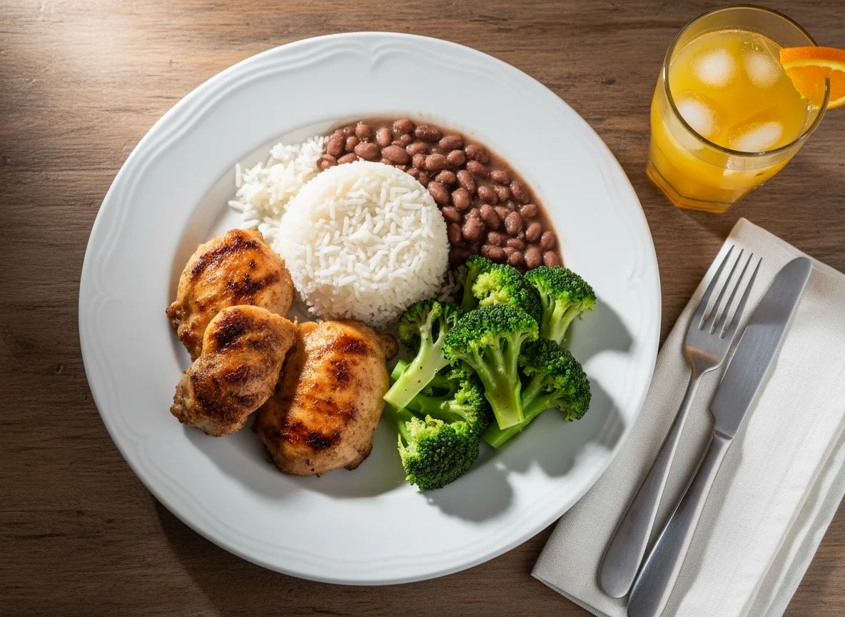 Prato com frango, arroz e feijão, brócolis e suco de laranja photo