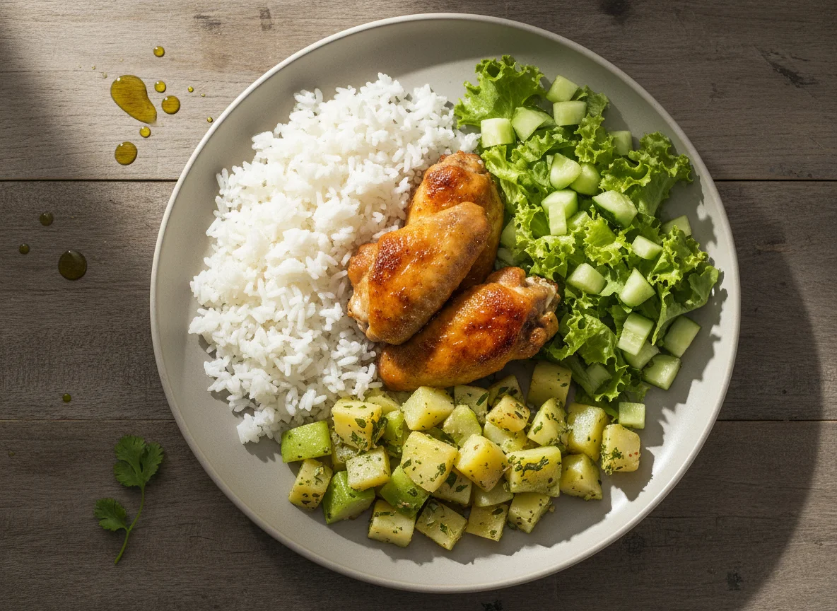 Prato com frango, arroz e legumes photo