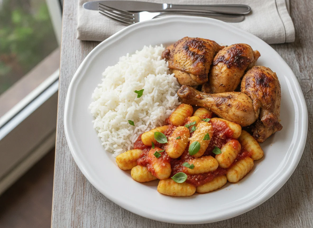 Prato com frango, arroz e nhoque de batata photo