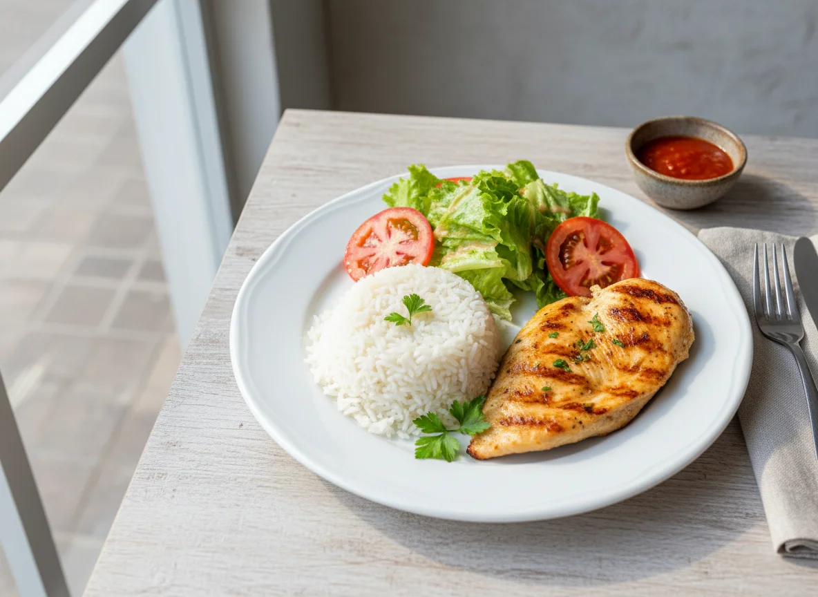 Prato com frango, arroz e salada photo