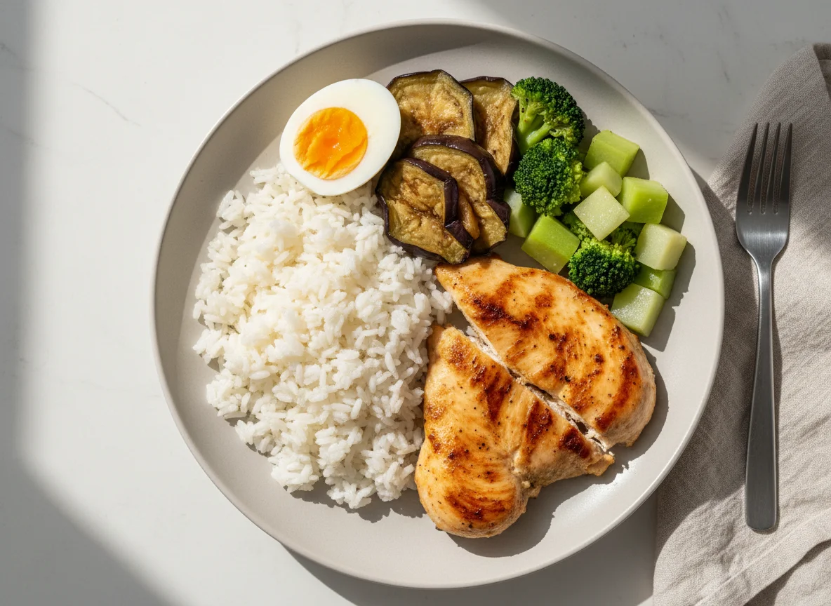 Prato com frango, arroz e vegetais photo