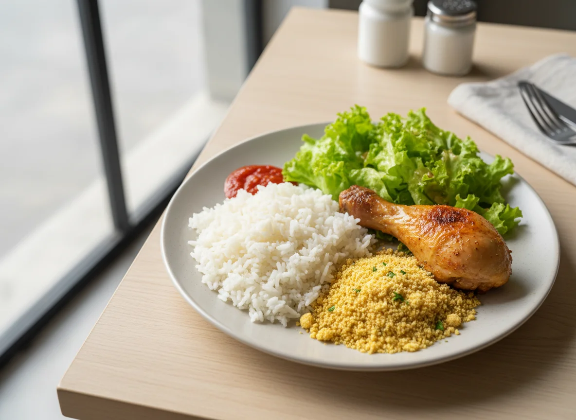 Prato com frango, arroz, farofa e salada photo