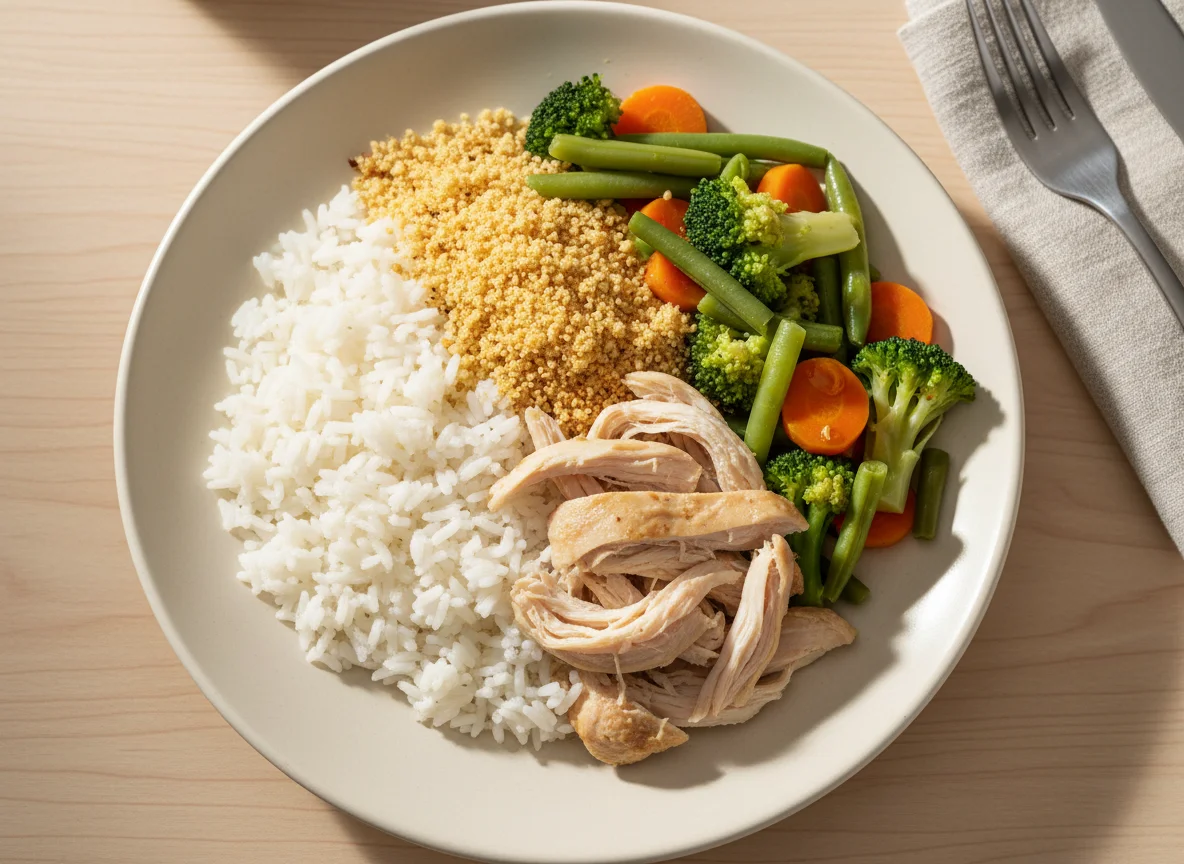 Prato com frango, arroz, farofa e vegetais photo