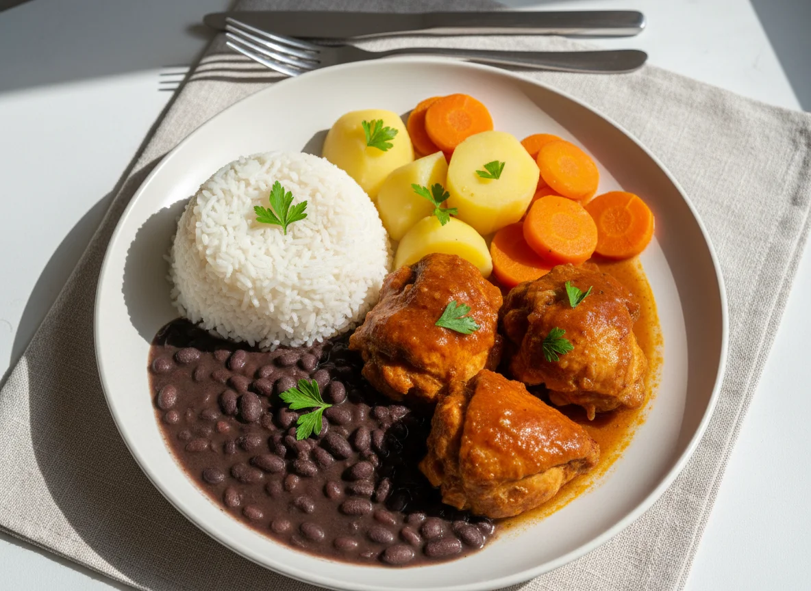 Prato com frango, arroz, feijão, batata e cenoura photo