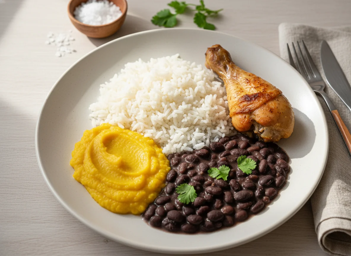 Prato com frango, arroz, feijão e abóbora photo