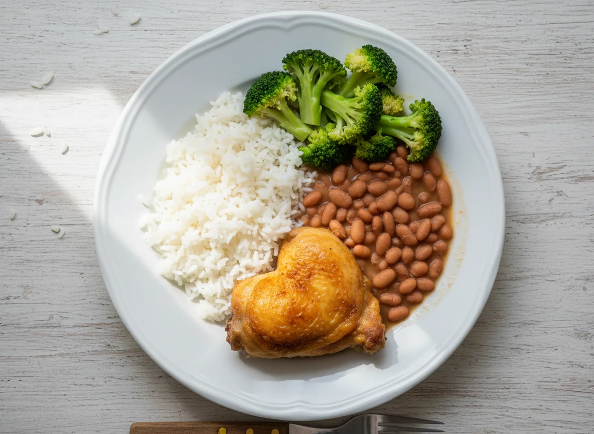 Prato com frango, arroz, feijão e brócolis photo