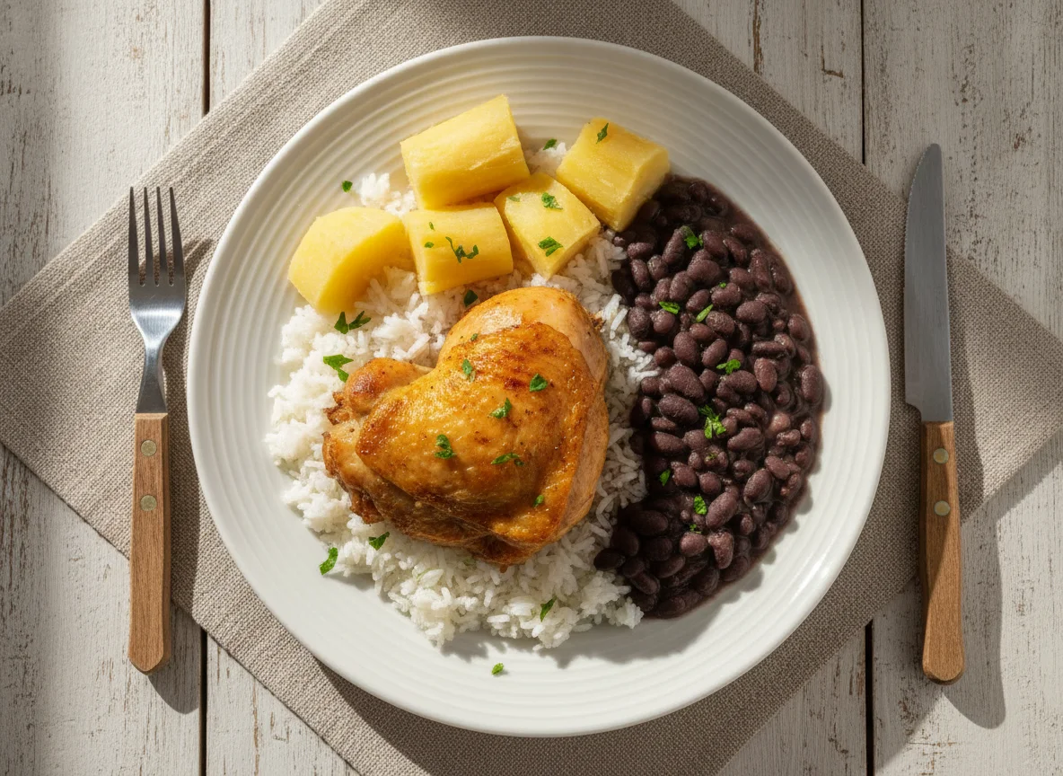 Prato com frango, arroz, feijão e mandioca photo