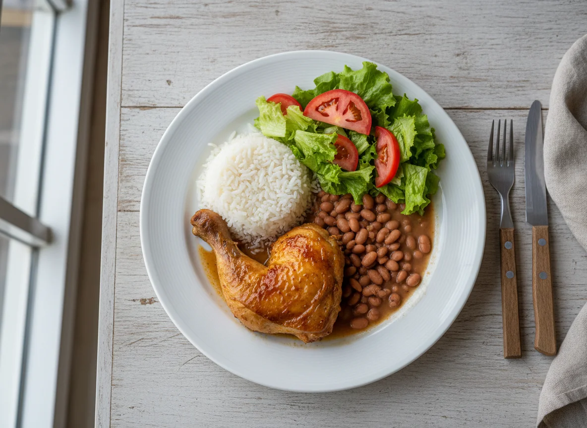 Prato com frango, arroz, feijão e salada photo