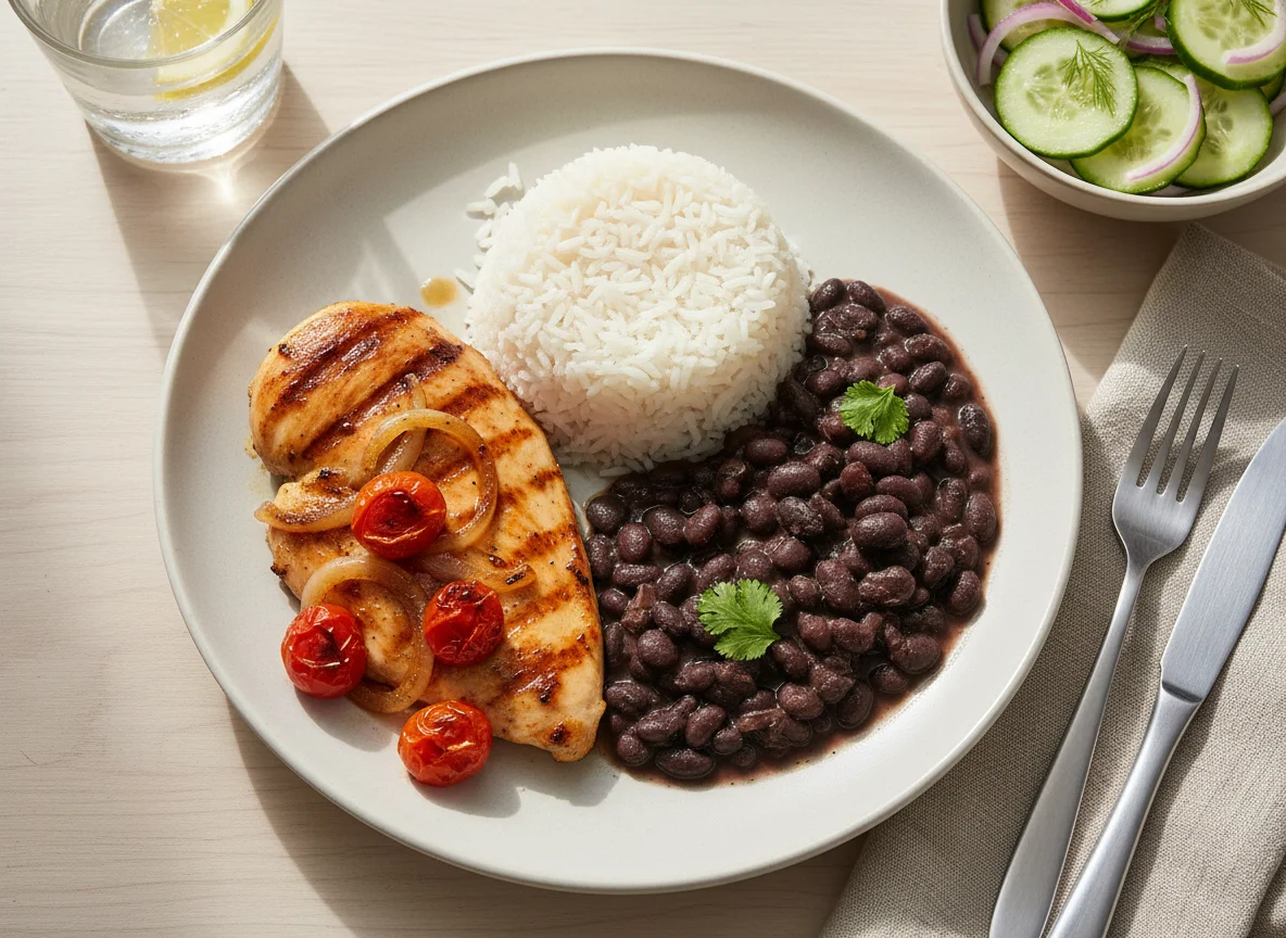Prato com frango, arroz, feijão e salada de pepino photo