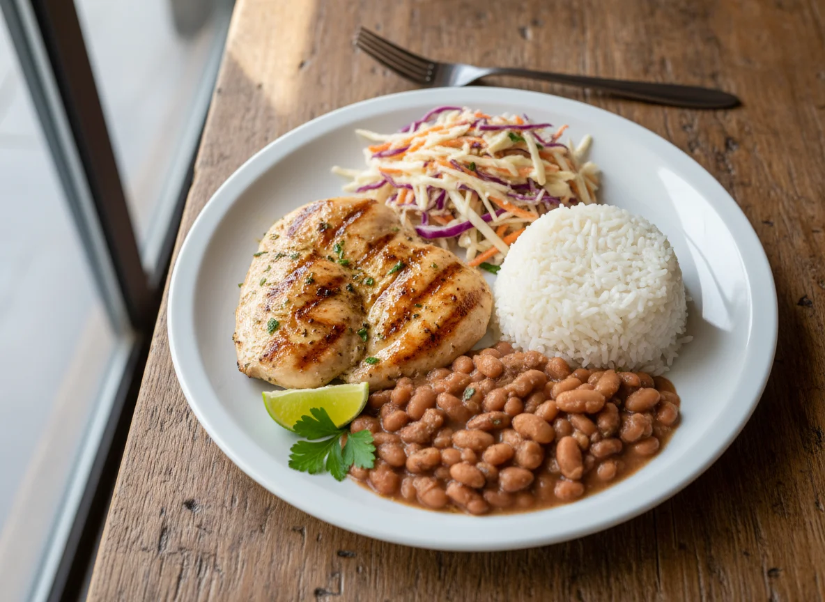Prato com frango, arroz, feijão e salada de repolho photo