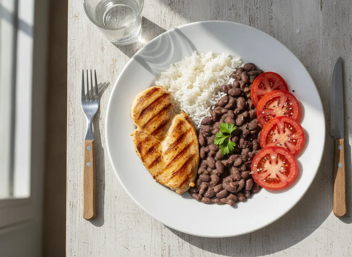 Prato com frango, arroz, feijão e tomate photo