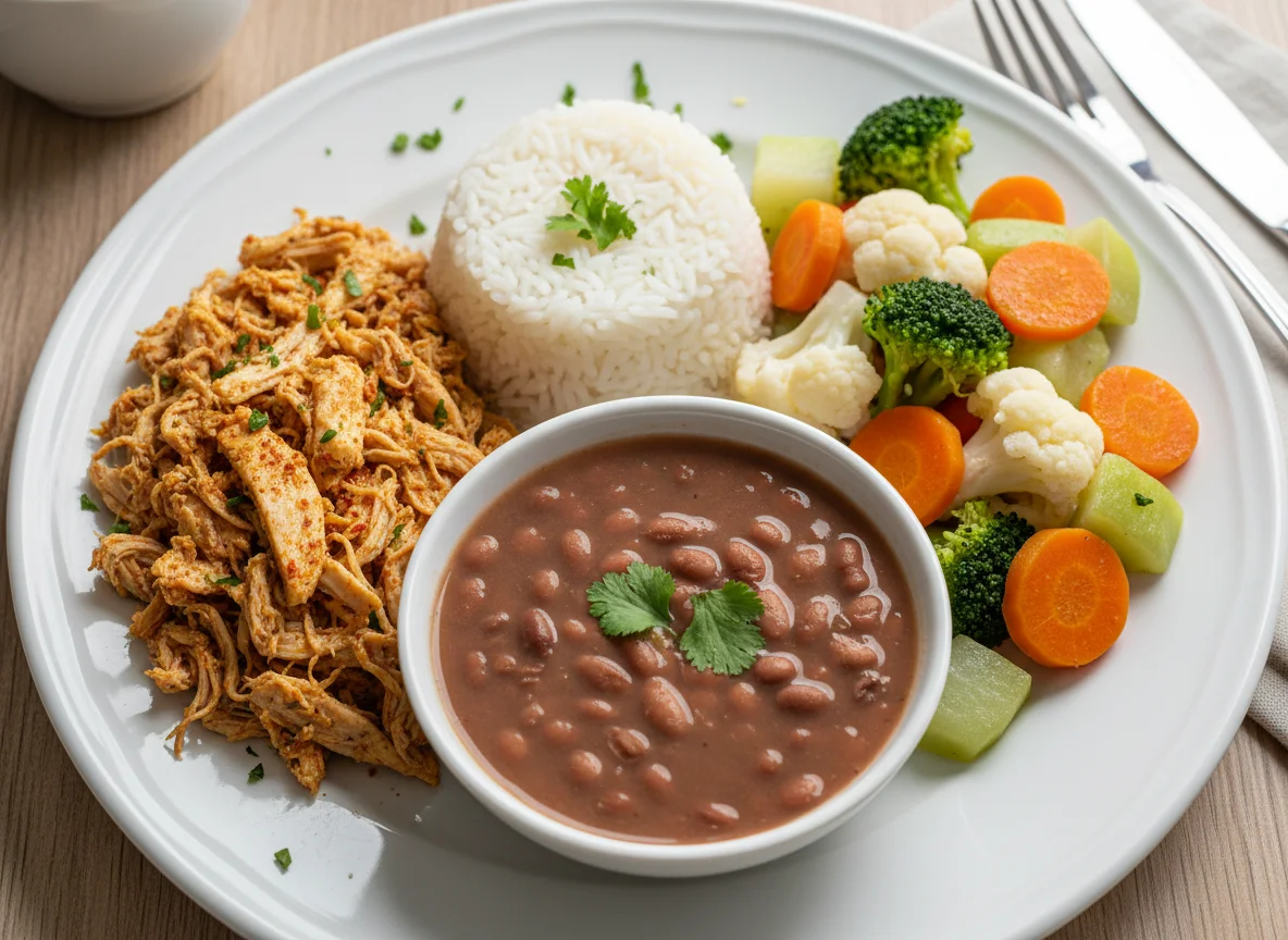 Prato com frango, arroz, feijão e vegetais photo