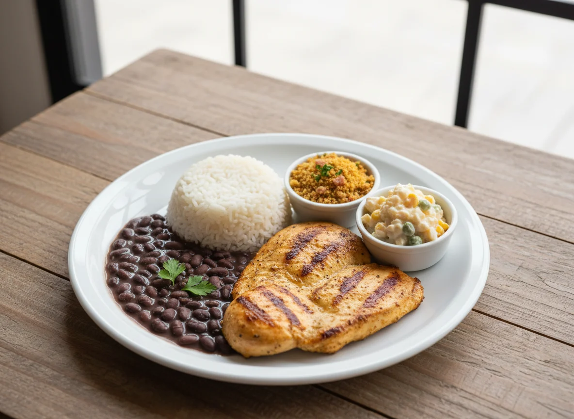 Prato com frango, arroz, feijão, farofa e maionese photo