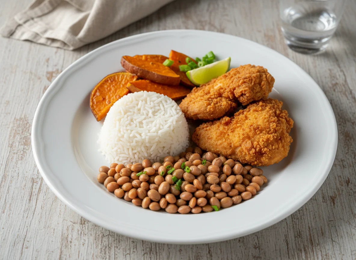 Prato com frango, arroz, feijão guandu e batata doce photo