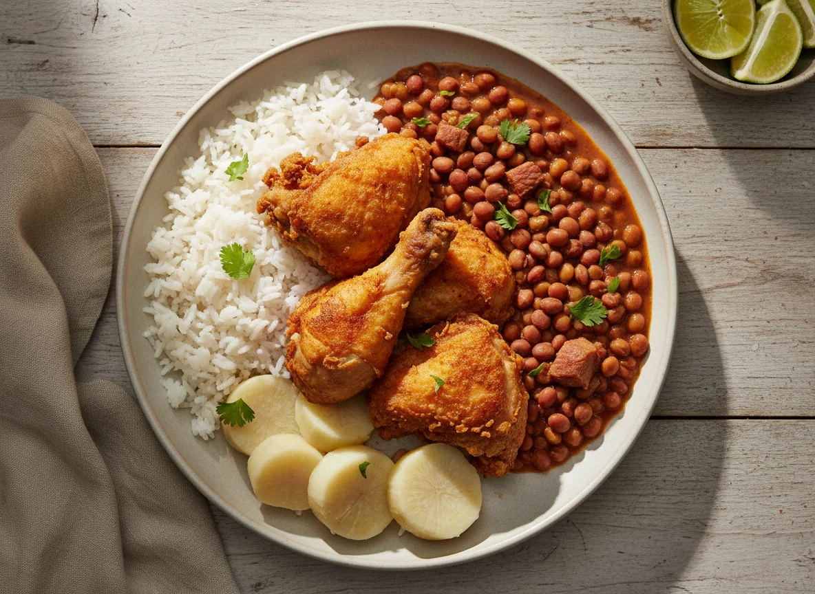 Prato com frango, arroz, feijão-guandu e inhame photo